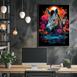 Vibrant Zebras in Dreamlike African Landscape Poster