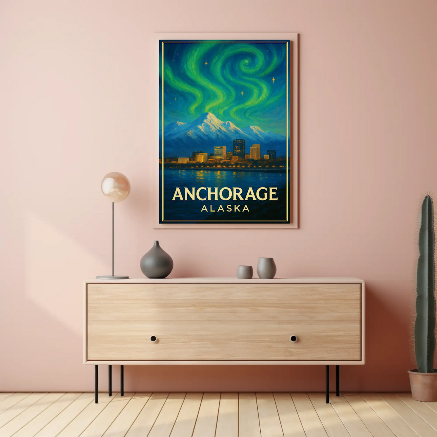 Anchorage Alaska Aurora Mountains Night Vintage Travel Poster