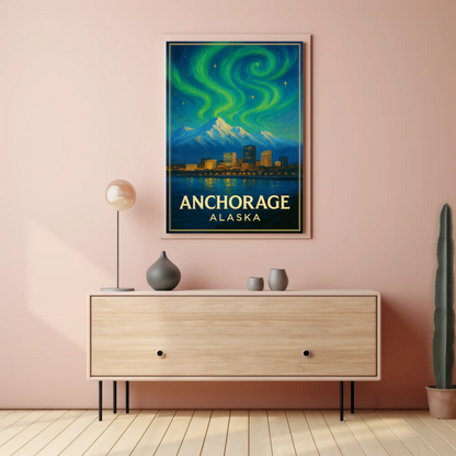 Anchorage Alaska Aurora Mountains Night Vintage Travel Poster