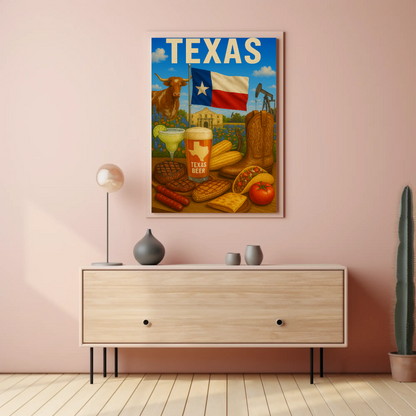 Texas Icons Food Flag Boots Beer Travel Poster