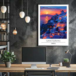 Santorini Sunset Romance Scenic Travel Poster