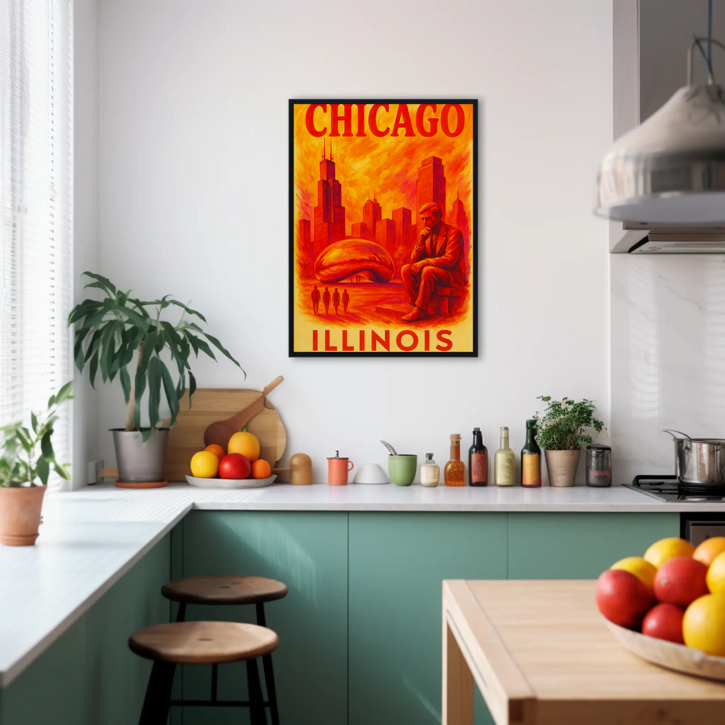 Chicago Skyline Bean Statue Modern Red Vintage Travel Poster Wall Art