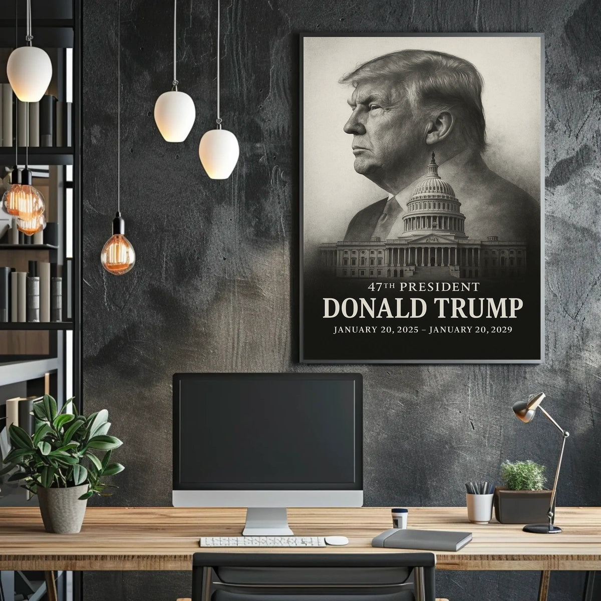 Trump Guardian Democracy Grayscale Portrait Capitol Dome American Flag Classical Art Poster