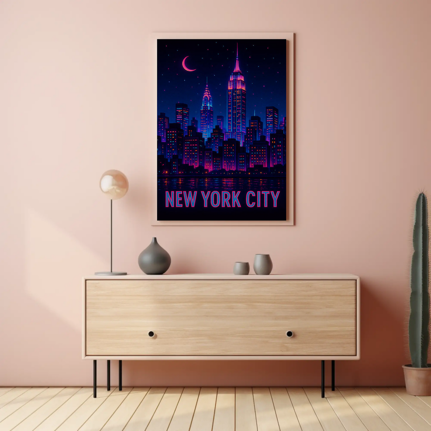 New York Neon Skyline Empire State Night Stars Travel Poster