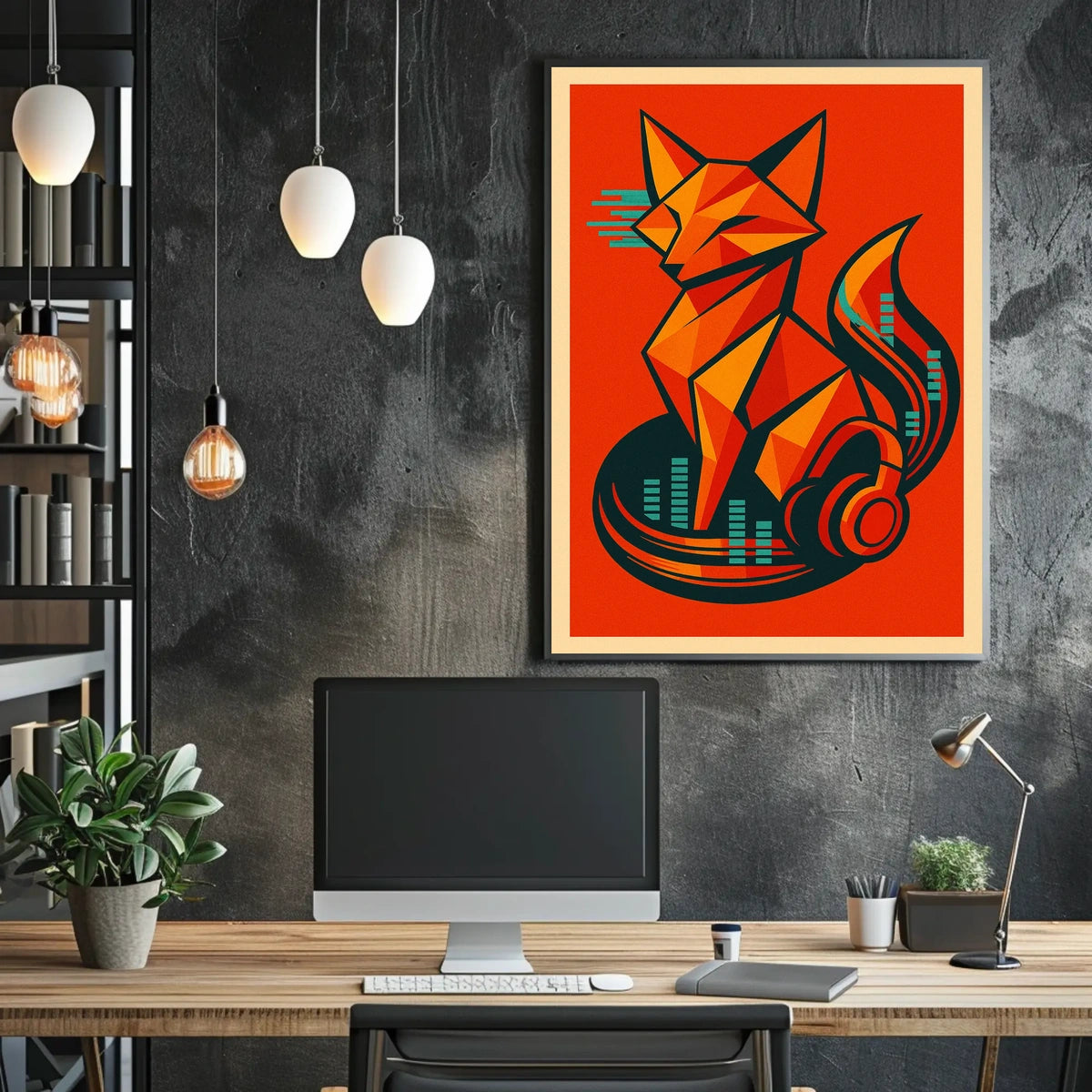 Geometric Fox With Headphones Poster