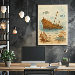 Sunken Ship Underwater Scene Artistic Poster