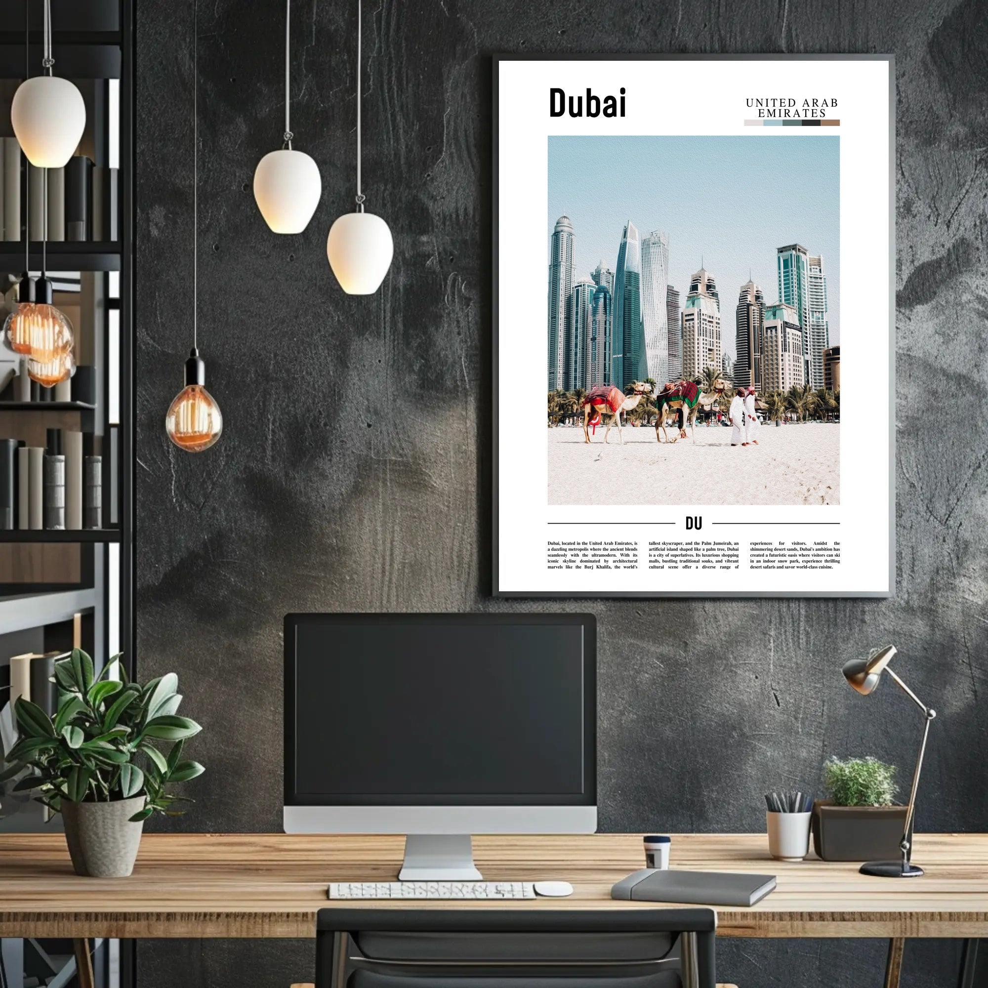 Dubai Skyline and Camels Travel Poster PosterGoat