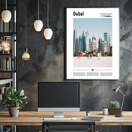 Dubai Skyline and Camels Travel Poster PosterGoat