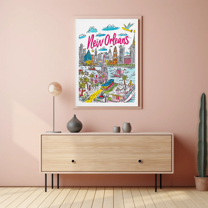 New Orleans Louisiana Colorful Riverside Cityscape Travel Poster