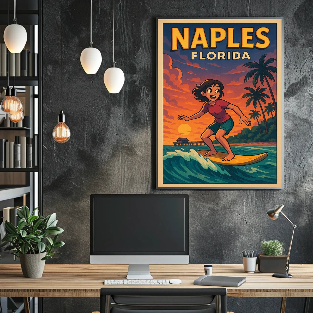 Naples Florida Surfing Poster Wall Art Coastal Decor