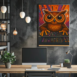 Stylized Owl DJing at Console Abstract Pop Culture Poster