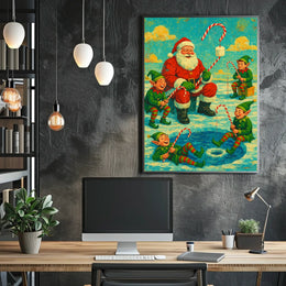 Festive Santa and Elves Vintage Christmas Artistic Poster
