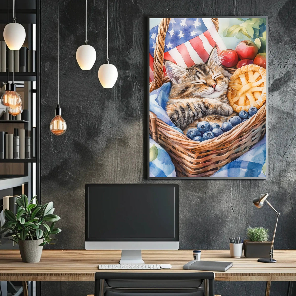 Fluffy Tabby Cat Sleeping In Basket With Fruit Poster