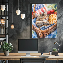 Fluffy Tabby Cat Sleeping In Basket With Fruit Poster