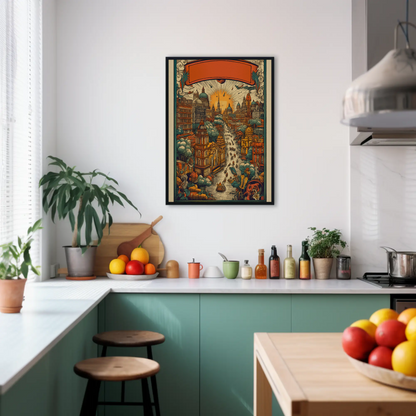 Fantasy River City Sunset Skyline Vintage Travel Poster
