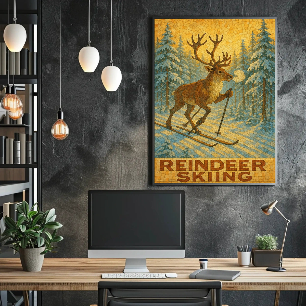 Reindeer Skiing Poster