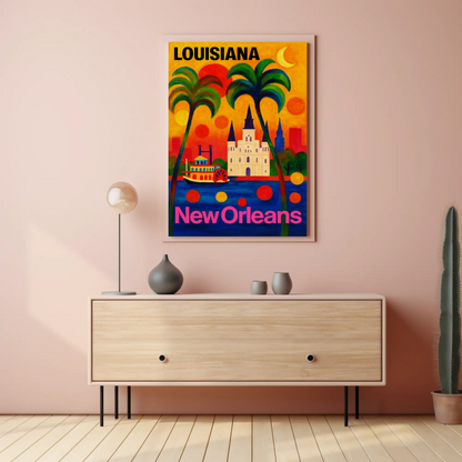 New Orleans Louisiana Steamboat Cathedral Cityscape Travel Poster