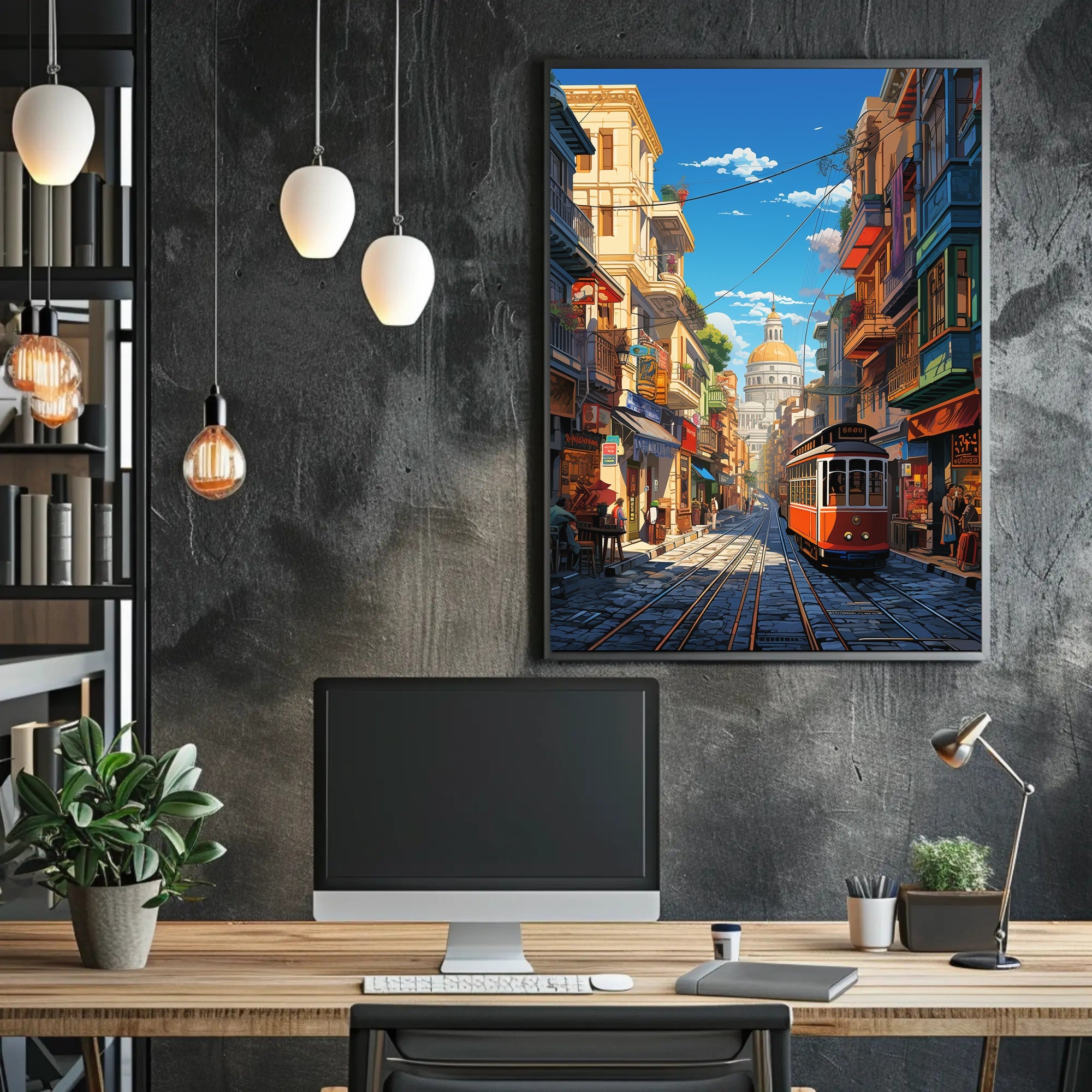 Vibrant Cityscape with Historical Trolley Travel Poster