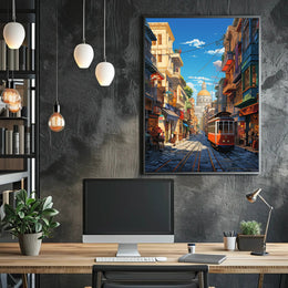 Vibrant Cityscape with Historical Trolley Travel Poster