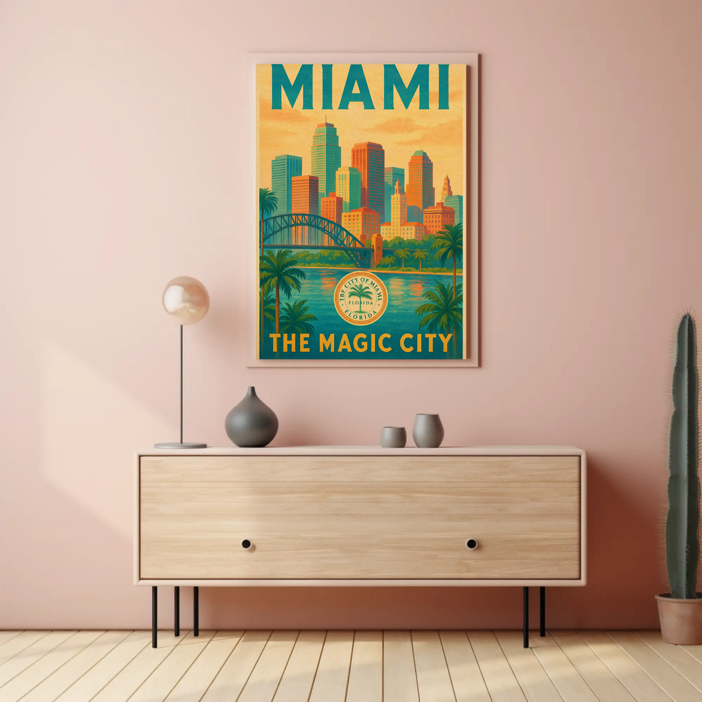 Miami Magic City Vintage Skyline Travel Poster