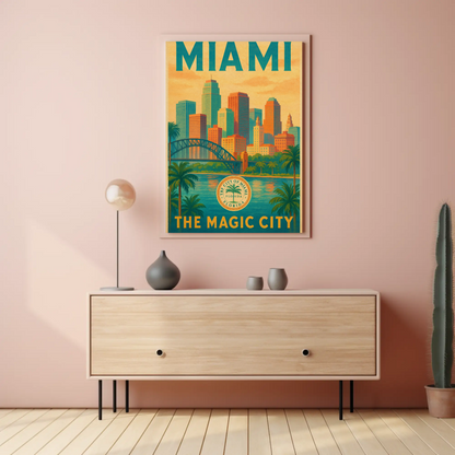 Miami Magic City Vintage Skyline Travel Poster