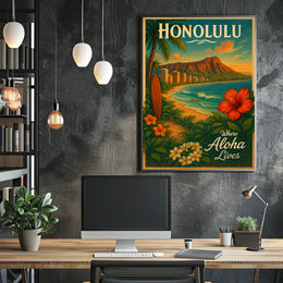 Honolulu Vintage Travel Poster Tropical Paradise Adventure