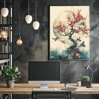 Cherry Blossom Harmony: Birds in Tranquil Flight PosterGoat