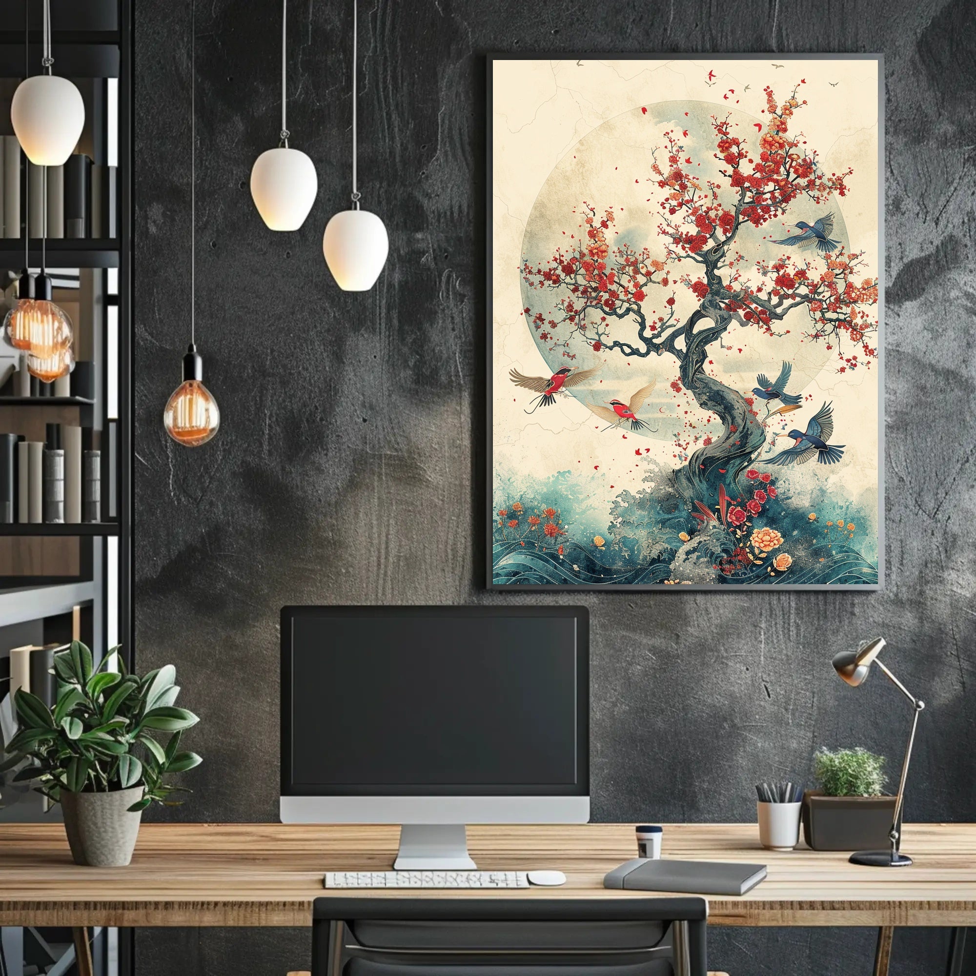 Cherry Blossom Harmony: Birds in Tranquil Flight PosterGoat