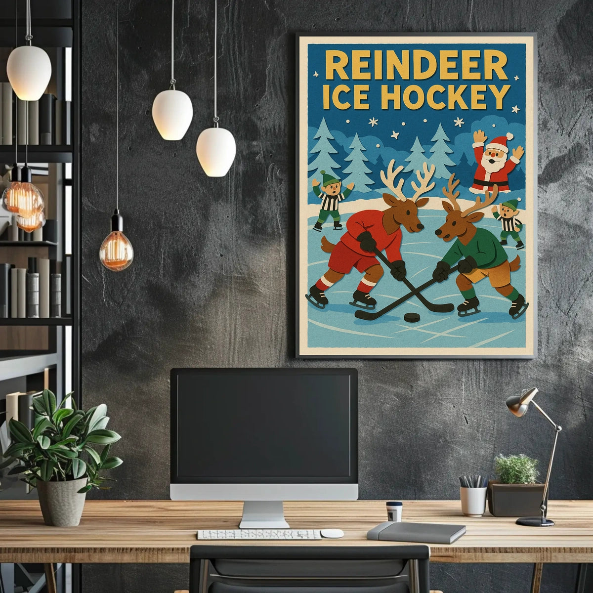Reindeer Ice Hockey Festive Fun Sports Poster