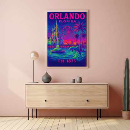 Orlando Florida Castle Ferris Dolphin Neon Travel Poster