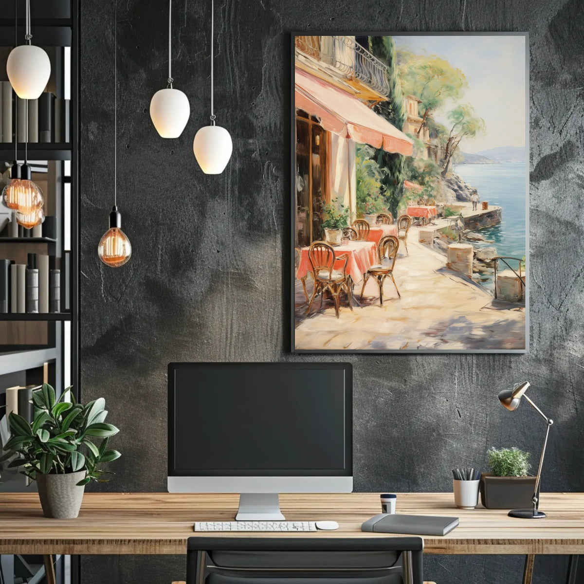 Sunlit Seaside Café Escape–Travel Poster