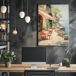 Sunlit Seaside Café Escape–Travel Poster