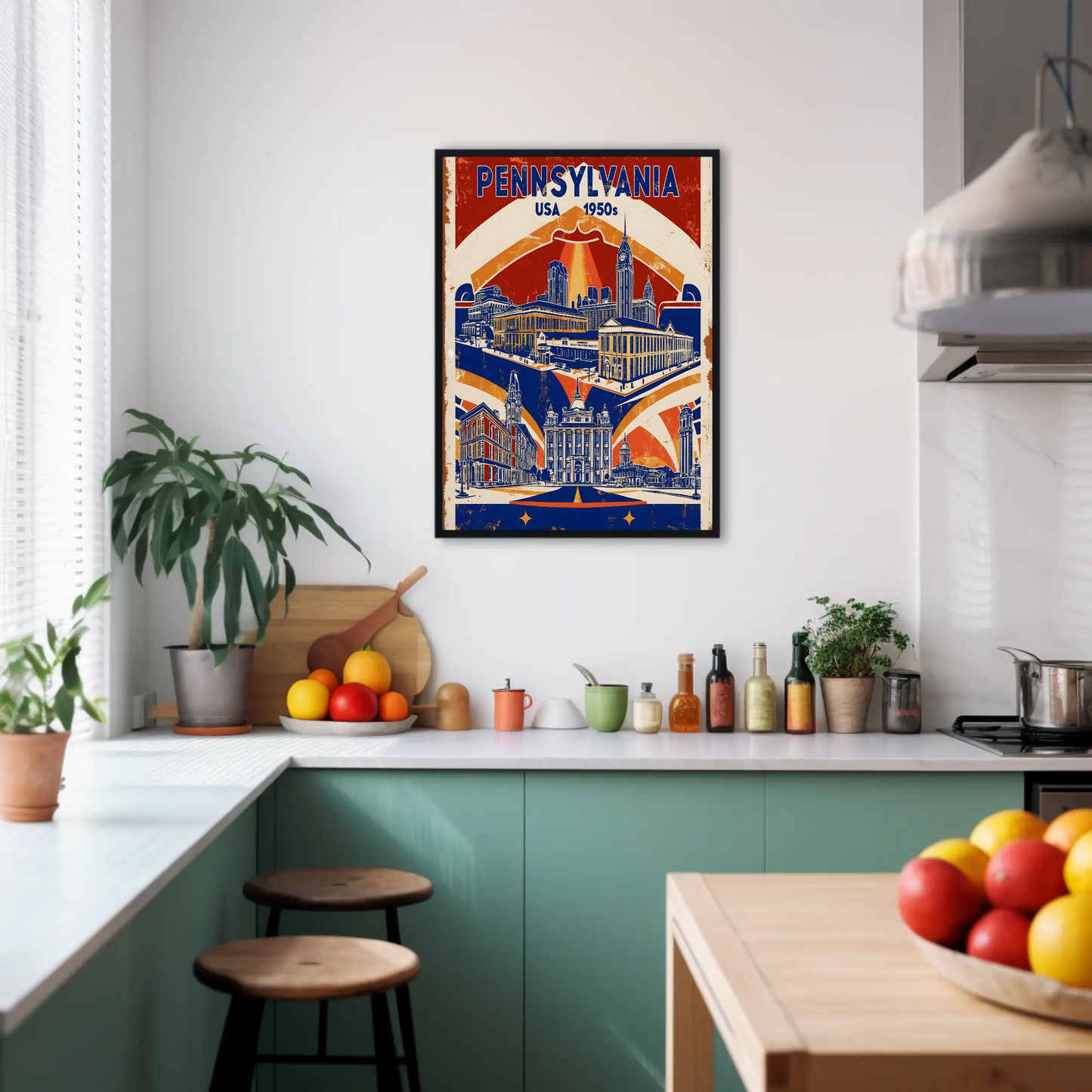 Pennsylvania USA 1950s Monument Skyline Vintage Travel Poster