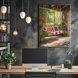 rustic porch swing draped with an American flag Poster
