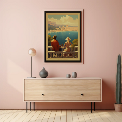 Romantic Coastal City Balcony Couple View Sunset Travel Poster