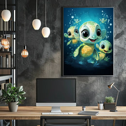 Adorable Sea Turtles Underwater Cartoon Poster Print