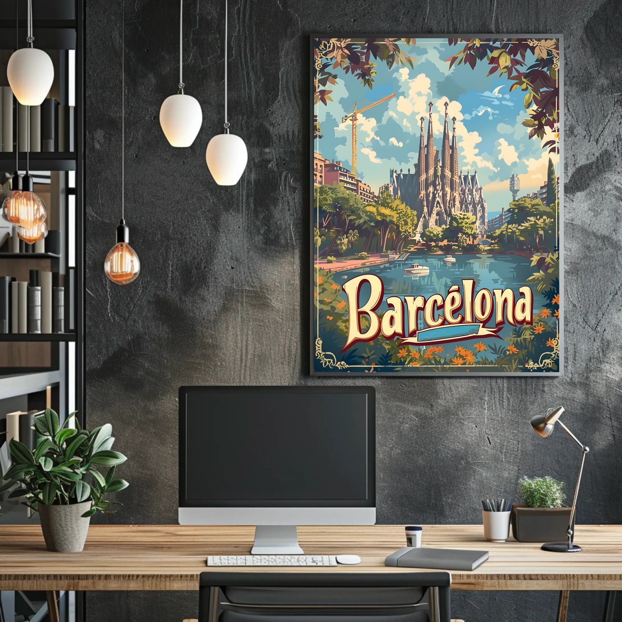 Barcelona Travel Poster with Sagrada Familia and Sunlit Scene