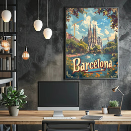 Barcelona Travel Poster with Sagrada Familia and Sunlit Scene
