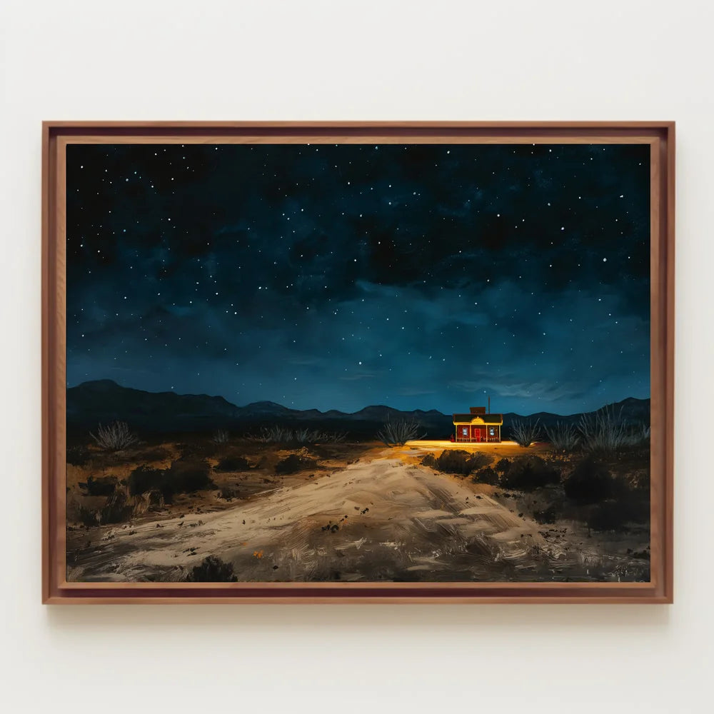 Desert Night Solitude: Tranquil Cabin Art Poster