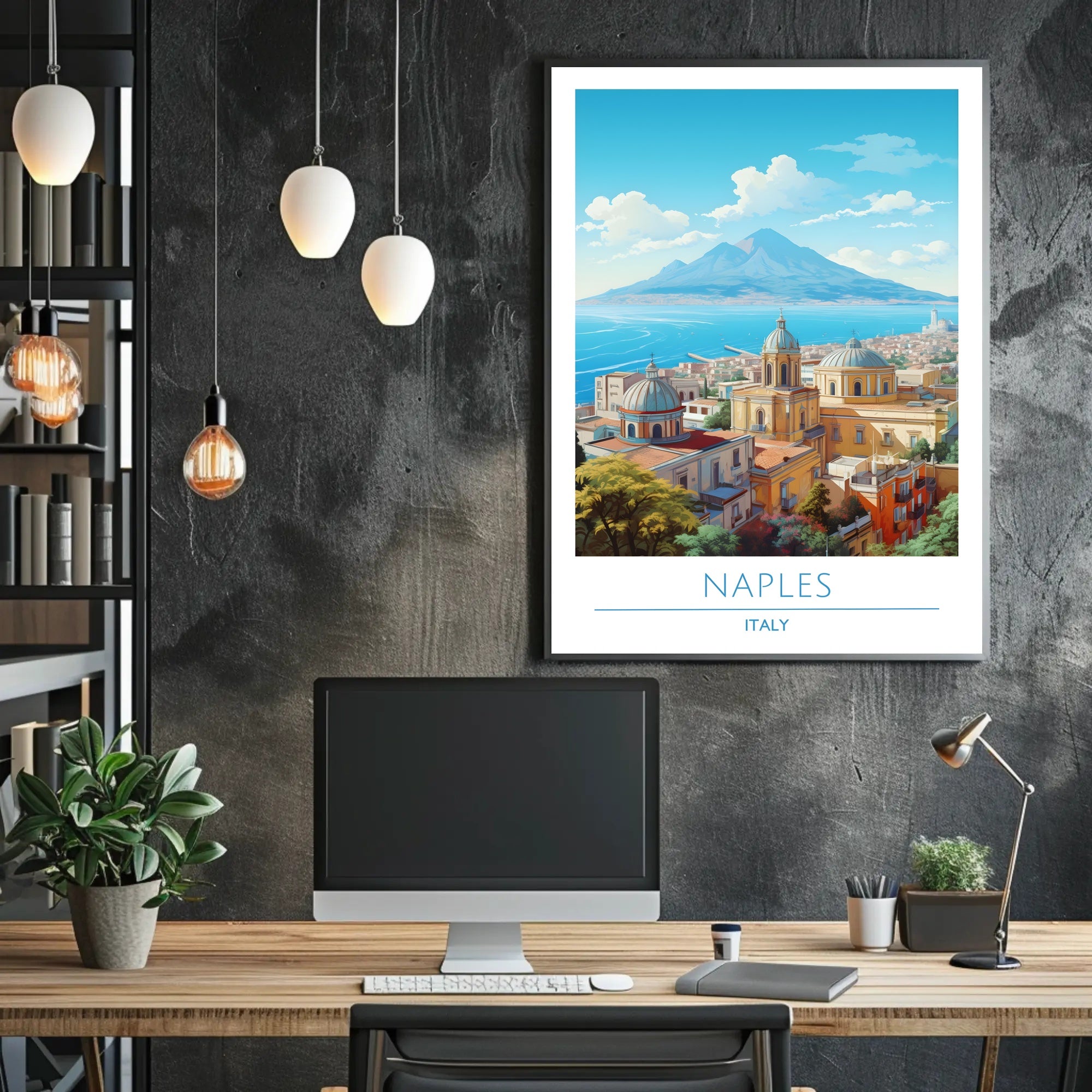 Naples Architecture with Mount Vesuvius Travel Poster