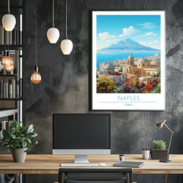 Naples Architecture with Mount Vesuvius Travel Poster