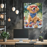 Golden Retriever Puppy On White Picnic Blanket Poster