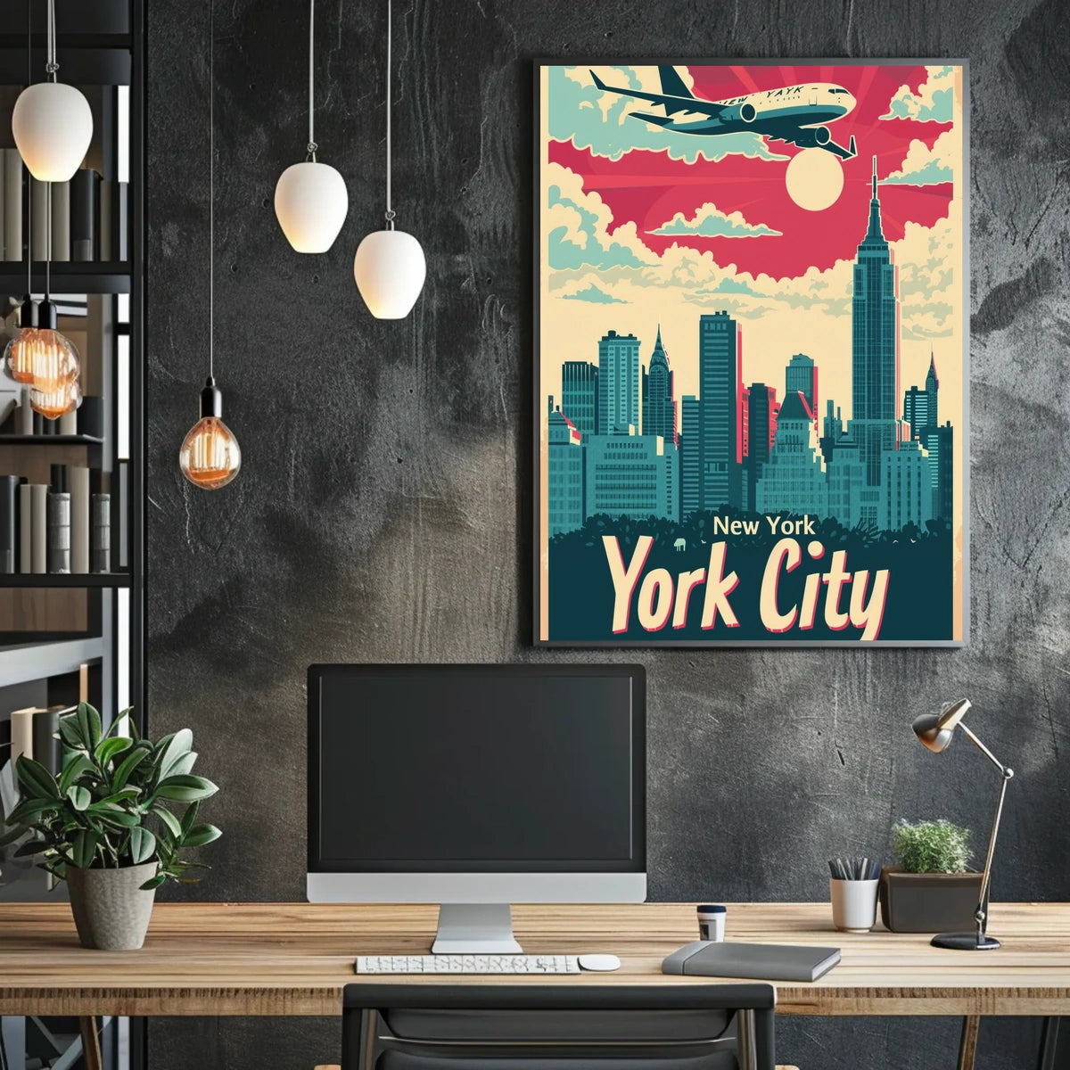 New York City Skyline Illustration Poster Retro Wall Art