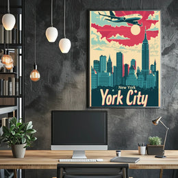 New York City Skyline Illustration Poster Retro Wall Art