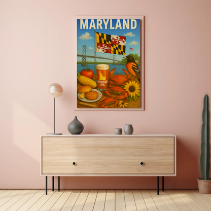 Maryland Crab Bridge Beer Corn Bird Flag Travel Poster