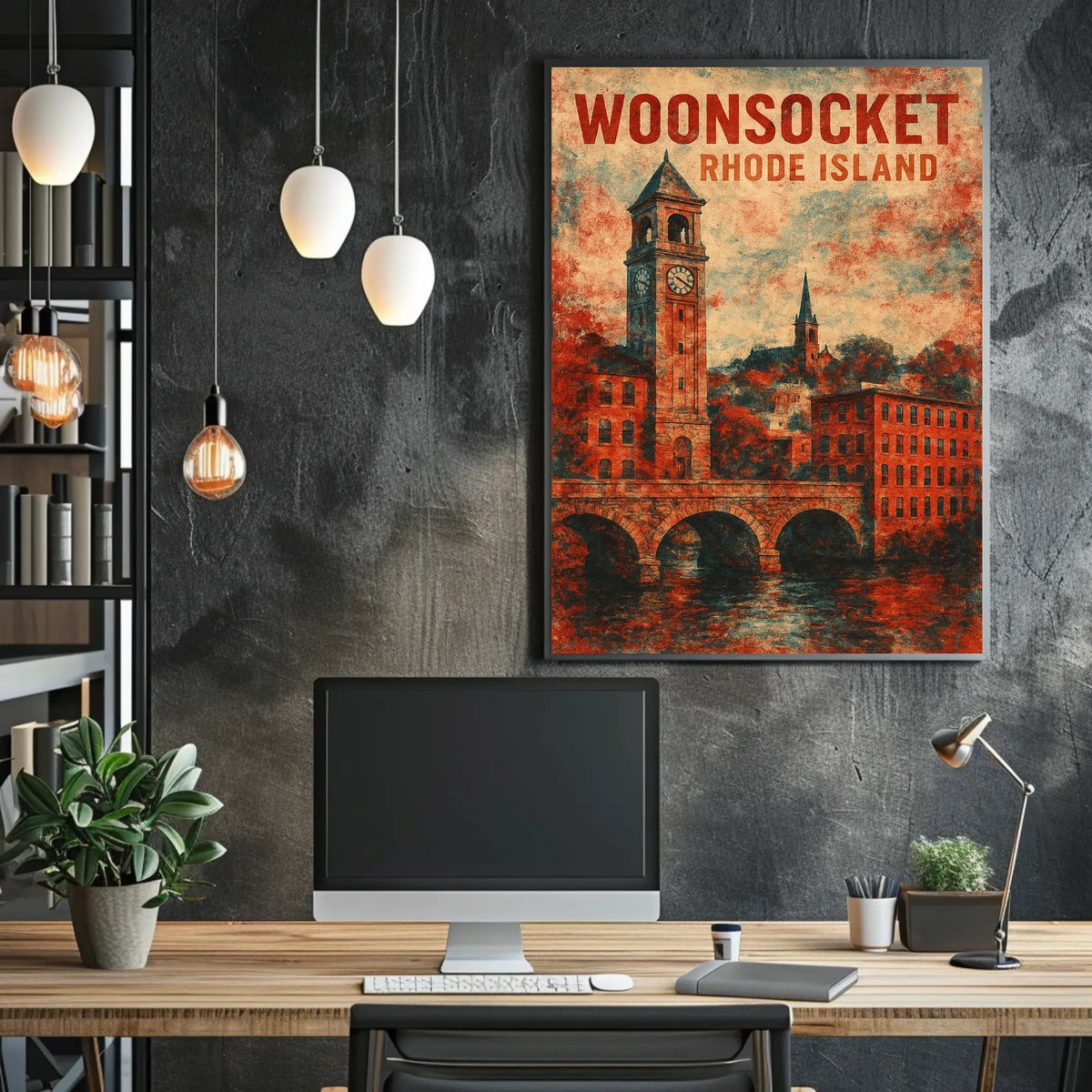 Vintage Woonsocket Clock Tower Nostalgic Watercolor Poster
