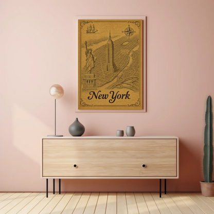 New York Old Map Empire State Statue Central Park Travel Poster