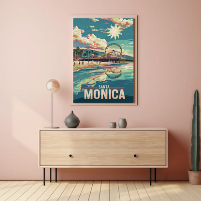 Santa Monica Reflection Ferris Wheel Beachfront Sunset Travel Poster