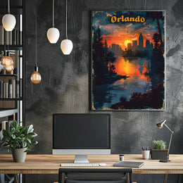 Orlando Sunset Skyline Art in Travel Poster