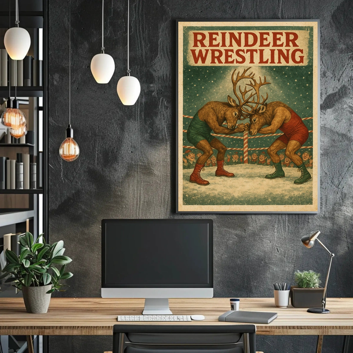 Reindeer Wrestling Holiday Art Print Sports Poster